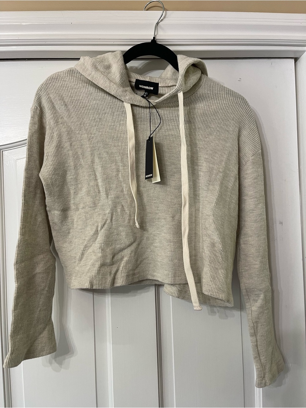Monrow Light Beige Waffle Knit Cropped Hoodie